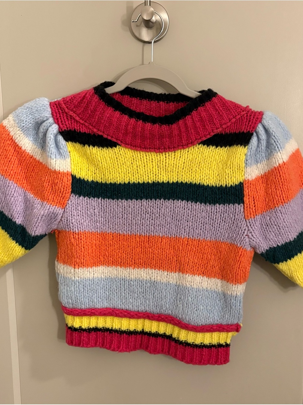 Multicolor Striped Puff-Sleeve Knit Sweater